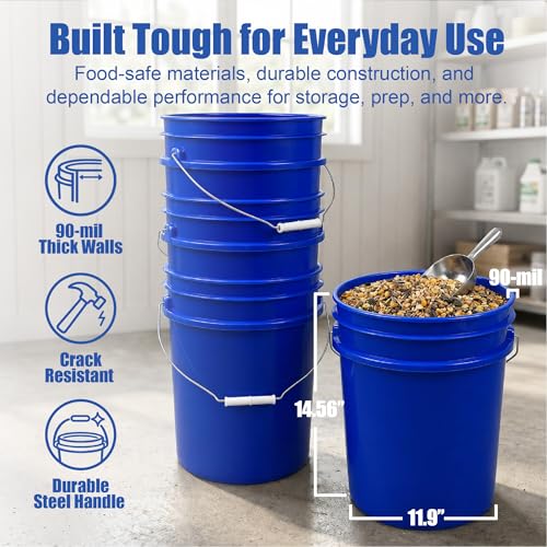 Image of ePackageSupply 5 Gallon Bucket - Food Grade w /Lid BPA-Free,3 Pack - Blue | Airtight Gasketed Tear Strip Lid, Heavy-Duty 90 Mil HDPE Plastic Pail, Bulk Storage, Food Safe Durable Container, Made in USA