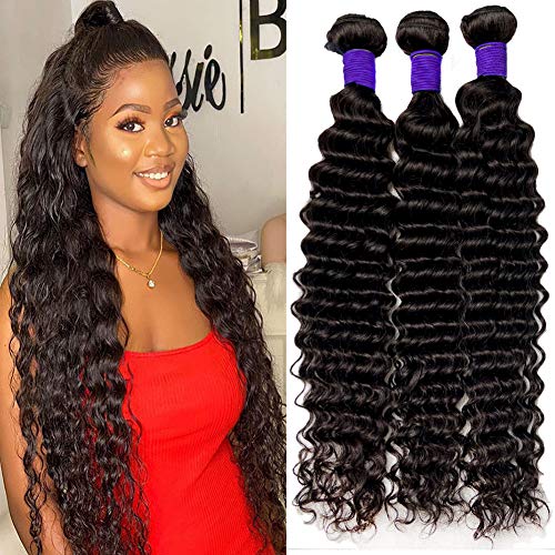 10A Brazilian Deep Wave Bundles 100% Virgin Human Hair 3 Bundles Unprocessed Wet and Wavy Curly Bundles Remy Weave Hair Human Bundles (22 24 26)
