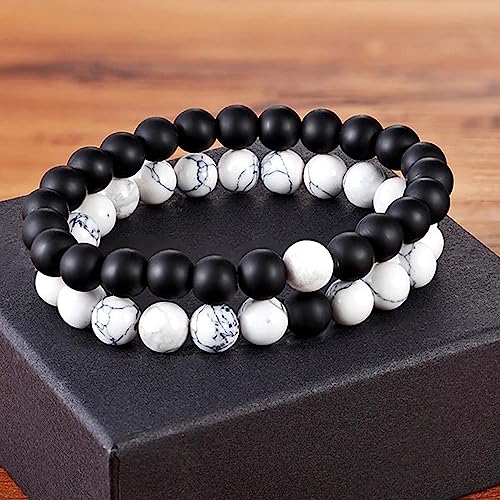 Image of Fashion Frill Stylish Couple Bracelets Black & White Red Natural Stone Onyx Stretchable Wrist Band Heart Magnetic Bracelet For Women Men Boys Girls Love Gifts Friendship Promise Bracelets