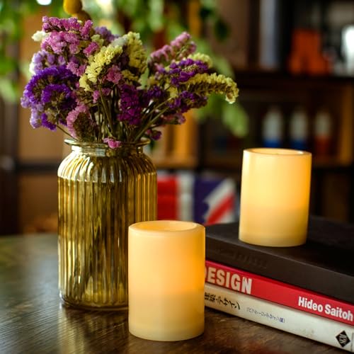 Image of CANDLE CHOICE Outdoor Battery Operated Flameless Candles with Remote Timer Waterproof Flickering Plastic Electric LED Pillar Lights for Lantern Patio Garden Wedding Party Decorations D3 inchxH4 inch 2 Pack