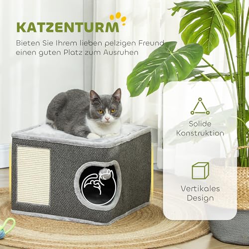 PawHut Kratztonne, 35 cm hoch Katzentonne mit Höhle, Kratzbaum mit Spielball, Katzenturm aus Sisal, für Katze bis 6 kg, Dunkelgrau+Cremeweiß