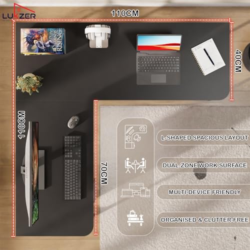 Image of Lukzer Engineered Wood L-Shaped Corner Study and Computer Laptop Table for Home or Office |MST-007 /Black & Black | Multi-Functional Sturdy Gaming Station and WFH Desk with Metal Frame