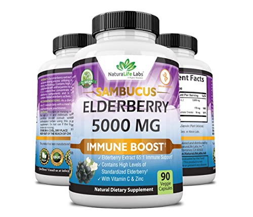 Sambucus Elderberry 5,000 Mg Super Concentrated 65:1 With Vitamin C & Zinc - Sambucus Extract Immune Support, Immune Defense| Non-Gmo | 90 Veggie Capsules #TOP6
