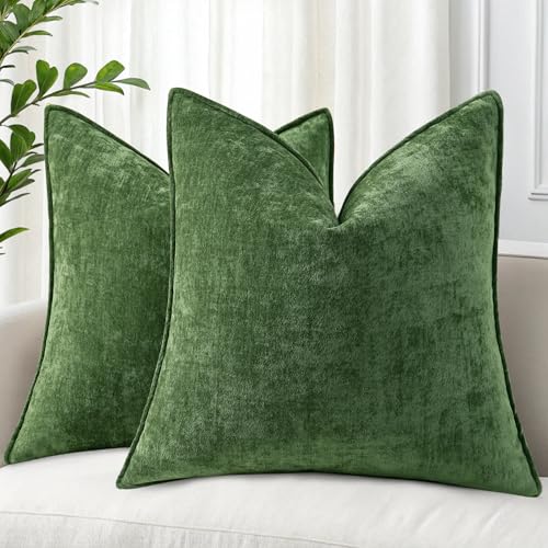decorUhome Summer Couch Euro Sham Throw Pillow Covers 24x24 Set of 2, Decorative Soft Velvet Modern Cozy Chenille Pillow Cases with Elegant Design for Sofa Bed Living Room Home Decor, Moss Green
