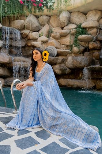 Image of MIRCHI FASHION Women Saree Floral Print Chiffon | Lightweight Festive Occasion Sari for Farewell and Functions with Unstitched Blouse Piece