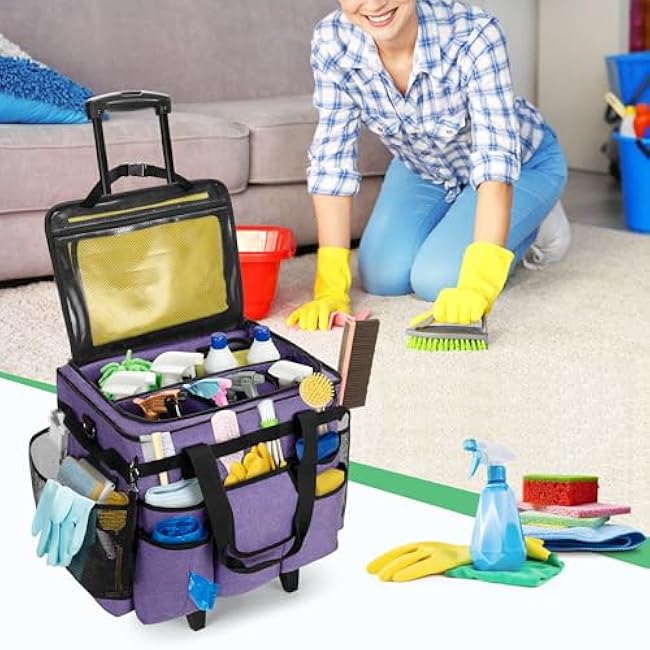 LoDrid Rolling Cleaning Caddy with Lid, Cleaning Supplies Organizer with Detachable Trolley, Cleaning Caddy Cart on Wheels with Handle and Shoulder Strap for Housekeepers, Purple, Bag Only