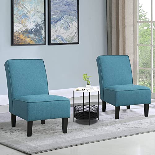 ALISH Accent Chairs Set of 2 Upholstered Living Room Chairs Armless Side Chairs Bedroom Chairs with Curved Backrest and Wooden Legs Blue