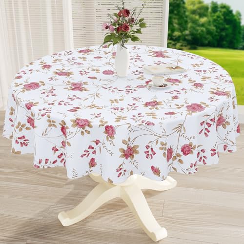 misaya Round Waterproof Vinyl Table Cloth, Plastic Tablecloth with Flannel Backing, Wipeable Table Cover for Dinner, Picnic, Indoor and Outdoor (Pink Flowers, 60