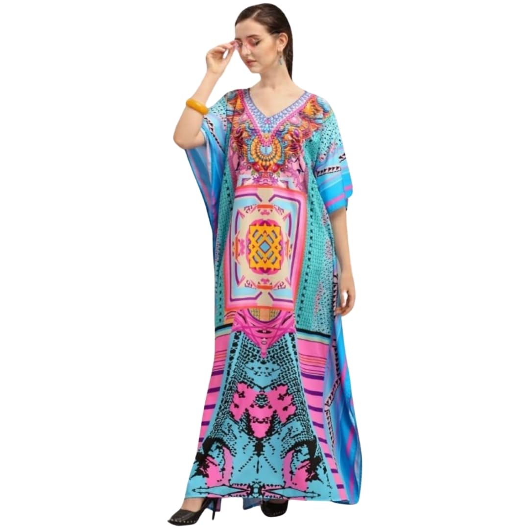 Blue Ethnic Designer Printed Kaftan Dresses for Women – Stylish, Modest, Loose Fit, Free-Size Long Maxi for Casual, Holiday & Beachwear-image-5