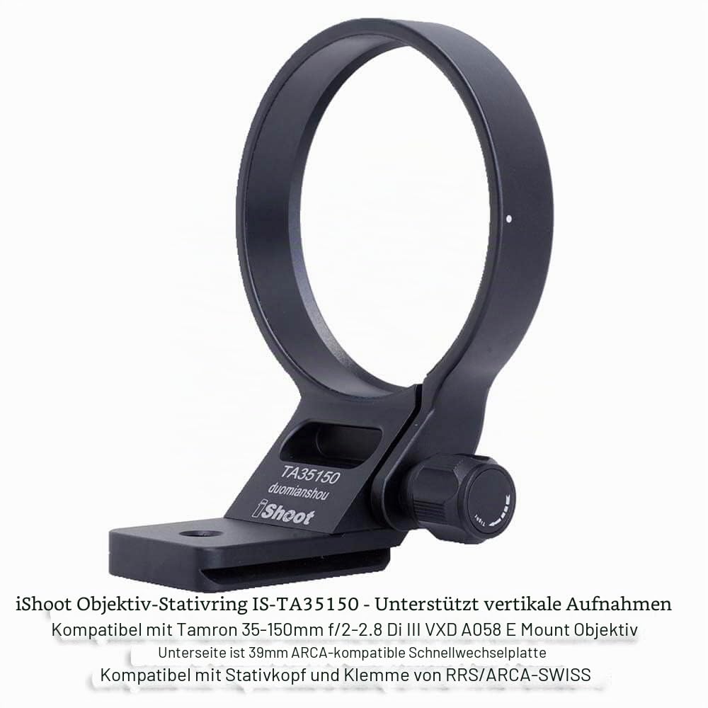iShoot Metall-Objektiv-Stativ-Halterungsring kompatibel mit Tamron 35-150 mm f/2-2.8 Di III VXD A058 E Mount, Objektivstütz-Halterung unten ist Arca-Swiss Fit Schnellwechselplatte Schwalbenschwanznut