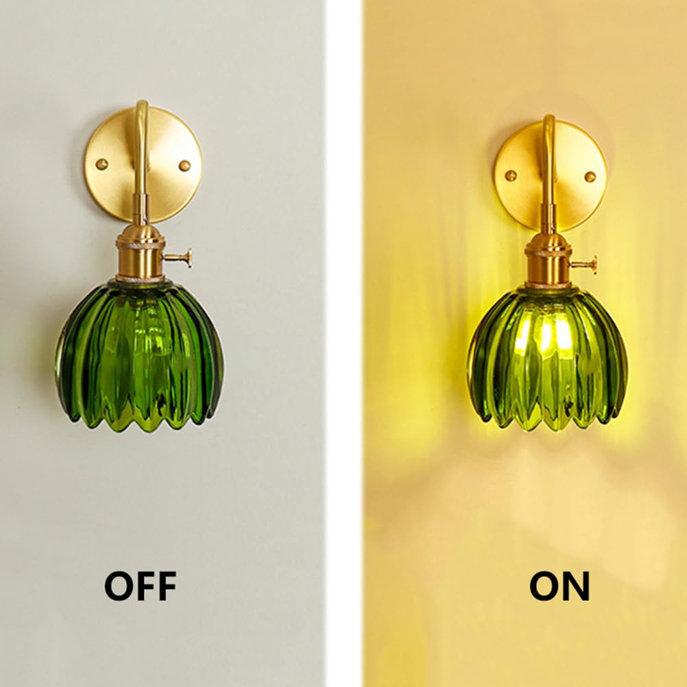 Lampa ścienna w stylu vintage, mosiężna, złota, z gwintem E27, z przełącznikiem i zielonym wzorem kwiatowym, szklany klosz, lampka nocna, dekoracyjna lampa do salonu, sypialni, restauracji, kawiarni,