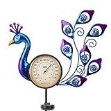 Solar Outdoor Thermometer - Metal Peacock Thermometer Decorative Garden Decor for Lawn Yard Pathway Patio Decorations