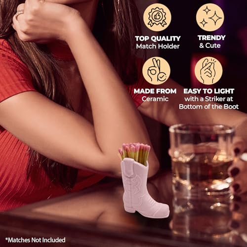 Cowboy Boot Ceramic Match Holder with Built-in Striker - Rustic Western Home Decor - Vintage Farmhouse Aesthetic-Kitchen, Bathroom, Fireplace & Candle Lighting - Unique Gift for Western Lovers (White)2