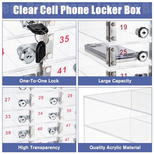 Image of Layhit Clear 50 Slots Cell Phone Locker Box for Classroom Clear Acrylic Cell Phone Storage Cabinet Bin with Door Locks for Classroom School Students Office Factory Employees
