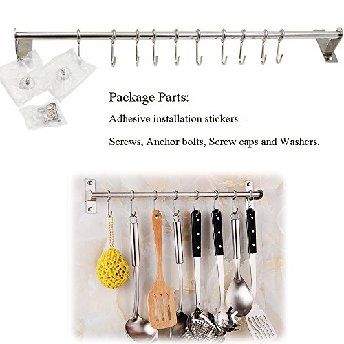 Kitchen Sliding Hooks, Stainless Steel Hanging Rack Rail Organize Kitchen Tools with 10 Utensil Removable S Hooks for Towel, Pot Pan, Spoon, Coats, Bathrobe, BBQ,Wall Mounted Hanger