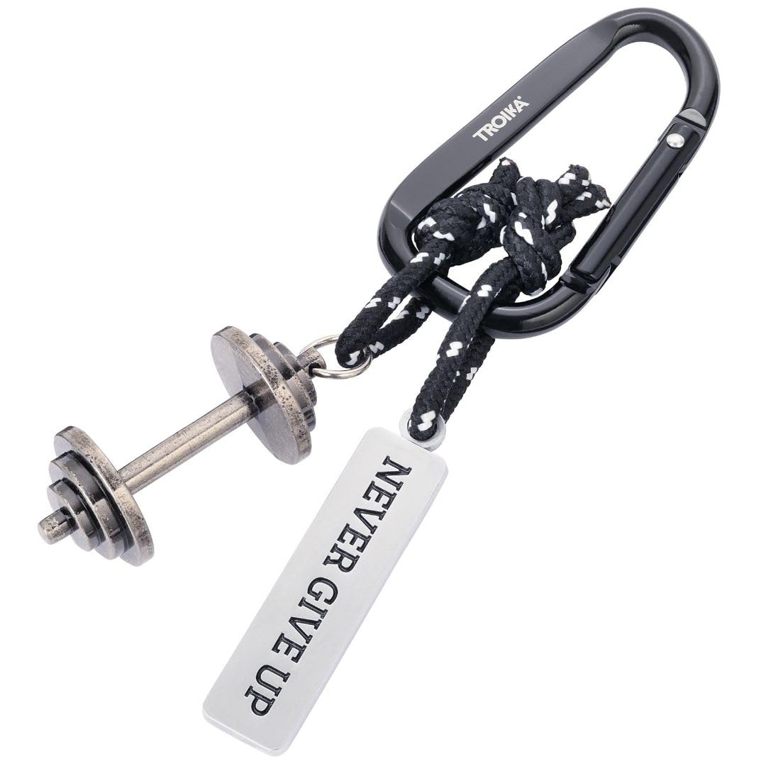 Troika Unisex Infant Black / Silver Fitness Never Give Up Keyring With Carabiner Hook, 2 Pendants On Decorative Climbing Rope: Dumbbell And Plaque, Zinc Alloy, Chrome-Plated, Black, Original, 11,7 X 4,5 X 2