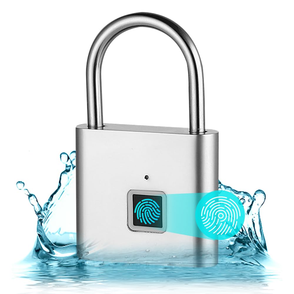 PLLYPE Fingerprint Lock, Fingerprint Padlock, Lock with Fingerprint, Smart Lock Waterproof, for Gym, Warehouses, Luggage (Silver)