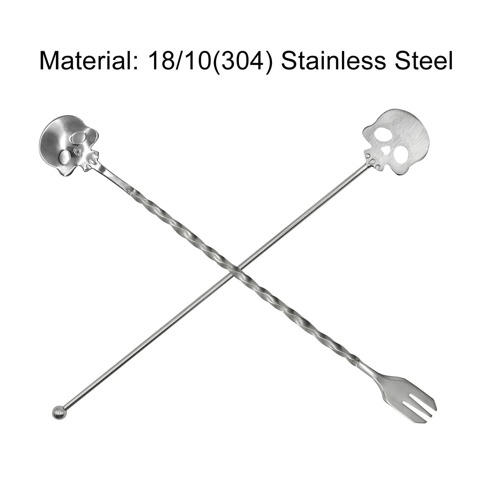 Pinenjoy 4Pcs Skull Swizzle Stick Bar Spoon Set Reusable Mixing Spoon 18/10(304) Stainless Steel Coffee Stirrer for Bar Home Halloween Party Stirring Cocktail Beverage Drinks
