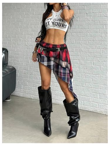 Floerns Women's Y2k Plaid Asymmetrical Skirt Elastic Waist Layered Ruffle Belted Skirts4