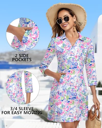 Image of WOWENY 3 /4 Sleeve Dress for Women with Pockets V Neck UPF 50+ Casual Sun Dress Breathable Quick Dry Beach Vacation