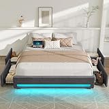 Rolanstar Full Size Bed Frame with 4 Storage Drawers & Charging Station, Upholstered Platform Bed with LED Light, Heavy Metal Slats Support, No Box Spring Needed, Noise Free, Easy Assembly, Dark Grey