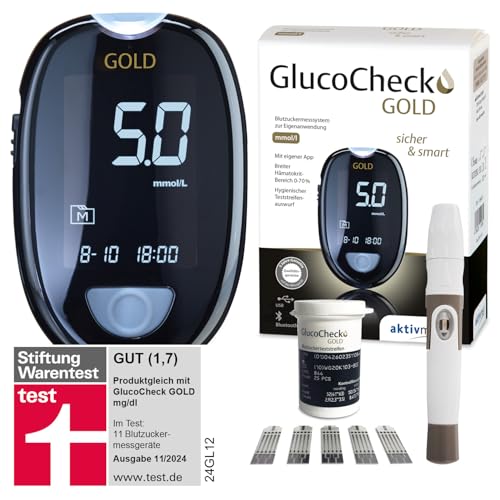 GlucoCheck GOLD Blutzuckermessgerät-Set (mmol/l) mit 10 Blutzuckerteststreifen, 10 Lanzetten, 1 Stechhilfe, 1 Etui zur Blutzucker-Selbstkontrolle bei Diabetes