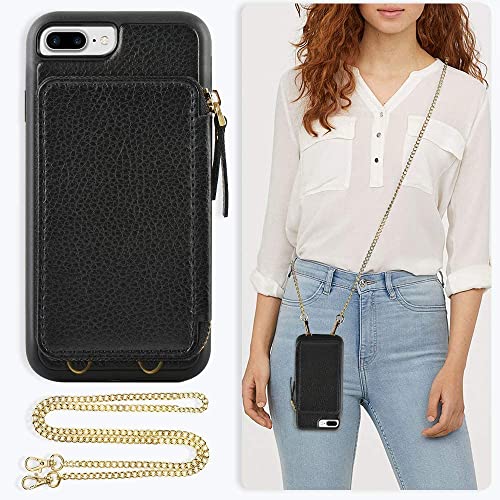 ZVE Case for Apple iPhone 8 Plus and iPhone 7 Plus, 5.5 inch, Leather Wallet Case with Crossbody Chain Credit Card Holder Slot Zipper Purse Case for Apple iPhone 8/7 Plus and 8 Plus 5.5 - Black