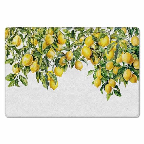 Green Lemon Antifatigue Kitchen Bath Door Mat Cushioned Runner Rug,Washable Welcome Floor Sink Mat,Waterproof & Non-Slip Standing Doormat for Kitchen,Watercolor Trpical Summer Fruit White 18