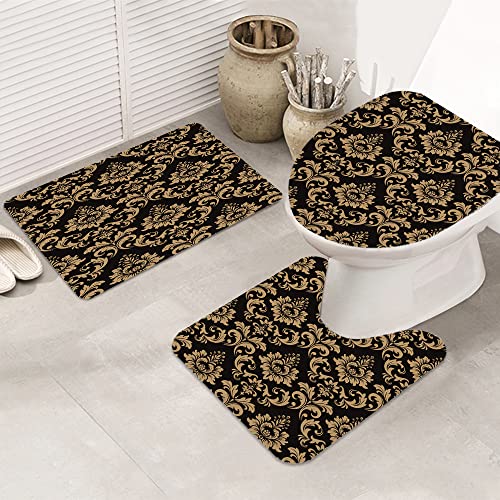 Badematte Badvorleger Set 3-tlg. Teppich, Altes Goldblumenmuster-barocker Damast-reich abstrakte schwarze dunkle venetia…