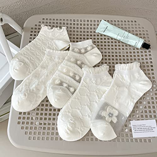 Forjmmp 5/10 Pairs Crystal Glass Socks For Women, Summer Transparent Thin Ankle Socks With Cute Pattern Designed (5 Pairs-White) #TOP6