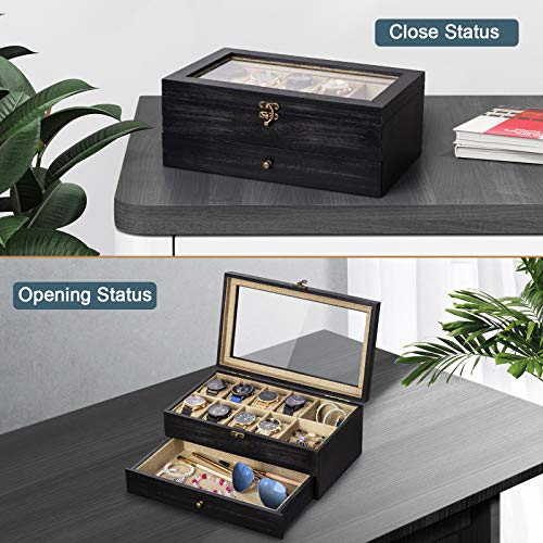 Sriwatana Watch Box Display Case, 8 Slot Watch Organizer Wood Box With Jewelry Drawer & Glass Lid, Weathered Black #TOP2