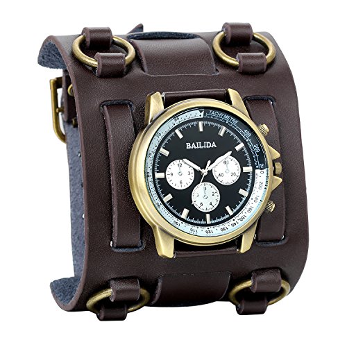Avaner Mens Retro Steampunk Rock Black Wide Leather Bracelet Cuff Watches Big Face Round Dial Analog Quartz Sport Watch [Upgraded] Japanese Quartz Movement Watch (Brown-1)