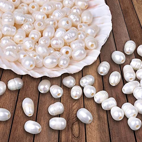 120 Pcs 7-10mm Large Hole Freshwater Pearl Beads Mckanti Real Pearl Beads Oval Natural Pearl Rice Shaped Cultured Pearl Bulk Genuine Pearl Beads for Jewelry Making DIY Crafts (White)