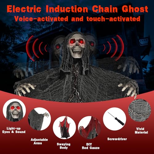 71'' Life Size Halloween Decorations, Halloween Skeleton with Light-Up Eyes & Sound Adjustable Arms Swaying Body Voice/Touch Sensing, Halloween Animatronics for Indoor/Outdoor Yard Lawn Decor, black3