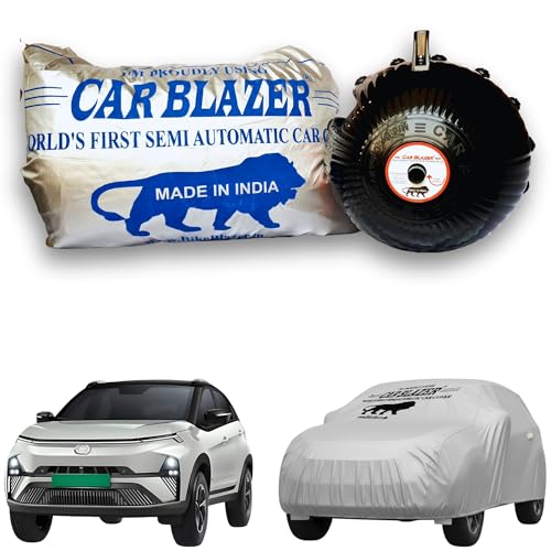 Image of CARBLAZER Portable & Semi-Automatic Full Body Car Covers: Heavy Duty Device| Anti-Theft| Dust & Scratch Proof | Water & Wind Resistant|Custom Fit| Dual-Side Cover, Compatible for Tata Nexon EV