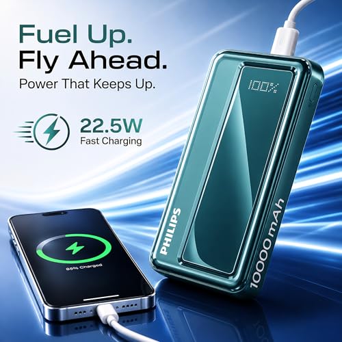 Image of Philips 10000mAh 22.5W Fast Charging Power Bank (Deep Cyan) with Digital LED Display | Type-C & USB-A Input /Output | 3 Output Ports | Lithium Polymer Battery | Portable for Mobile, Tablet & Earbuds
