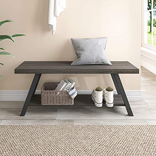 Lvb Storage Bench, Industrial Indoor Entryway Bench, Wood Metal Hallway Accent Bench For Sitting, Rustic Shoe Rack Organizer Cabinet In Foyer Entrance Bedroom Living Room, Dark Gray Oak, 47 Inch Long #TOP6