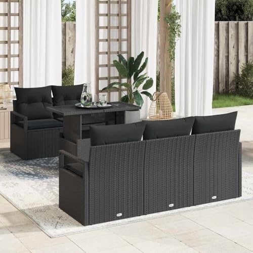 SooIarix Juego de sofás de jardín con espacio de almacenamiento, color negro, polirratán, 6 piezas, muebles para exteriores para jardín y balcón, muebles de balcón con mesa, modular y resistente a los
