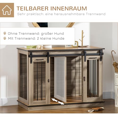 PawHut Hundekäfig, Hundehütte mit Zweiraum-Option, Haustierkäfig mit Doppeltüren, Hundebox, Hundehaus für Mittelegroße Hunde, 120 x 60 x 88,5 cm, Eiche