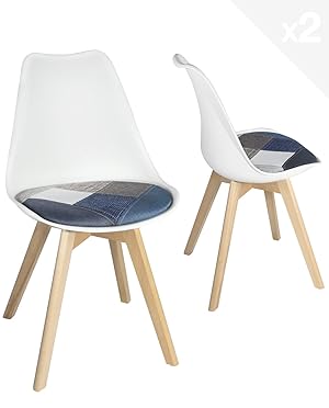 KAYELLES - Juego de 2 sillas escandinavas, cojín de tejido Patchwork multicolor acolchado, asiento de plástico flexible, patas de madera de haya claro Lao (blanco – cojín azul)