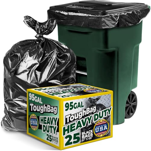 ToughBag 95-96 Gallon Extra-Large Trash Bags 61x68 Black Garbage Bags 1.2 Mil Thick (25 COUNT) Heavy-Duty Outdoor 95 Gallon Trash Bags for Storage Custodial Landscape - Made In USA