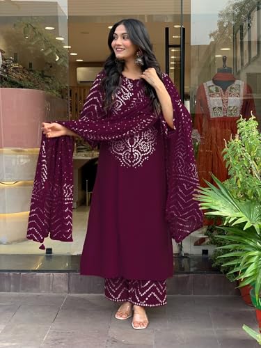 Image of GoSriKi Kurta Sets for Women Rayon Viscose Bandhani Printed | Kurti Set for Woman | Kurta Pant Dupatta Set | Straight Kurti | Round Neck 3 /4 Sleeve Suit Set for Women Stylish Ethnic Outfit