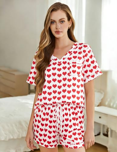 Image of ASTANFY Valentines Day Pajamas Women 2 Piece Silk Valentine Pjs Cute Heart Pajamas V Neck Satin Sleepwear Loungewear Set