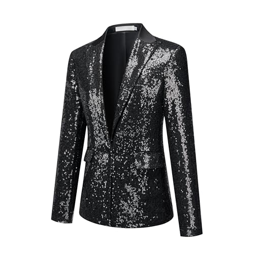 Women's Sequin Suit Jacket Open Front One Button Long Sleeve Blazers Party Sparkly Cardigan Coat with Pockets4