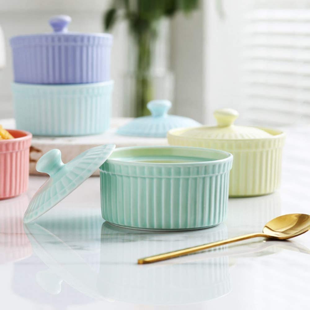 Lot de 5 ramequins en porcelaine pour pâtisserie, mini cocotte avec couvercle, plat de cuisson, bol à pudding, bol à dessert, 5 pièces