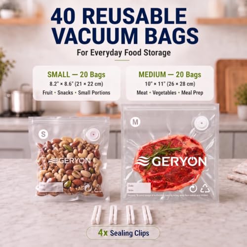 Image of GERYON Vacuum Sealer Bags for Food Reusable, 40 Pack Food Vacuum Bags, BPA-Free Vacuum Seal Bags with Air Valve, Compatible with Handheld Vacuum Sealer, Sous Vide, Freezer and Meal Prep Storage