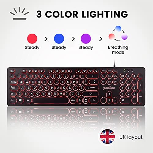 perixx PERIBOARD-317R Wired Backlit USB Keyboard - Big Print Letter - Tri-color Illuminated LED - Stylish Round Keycaps - UK QWERTY