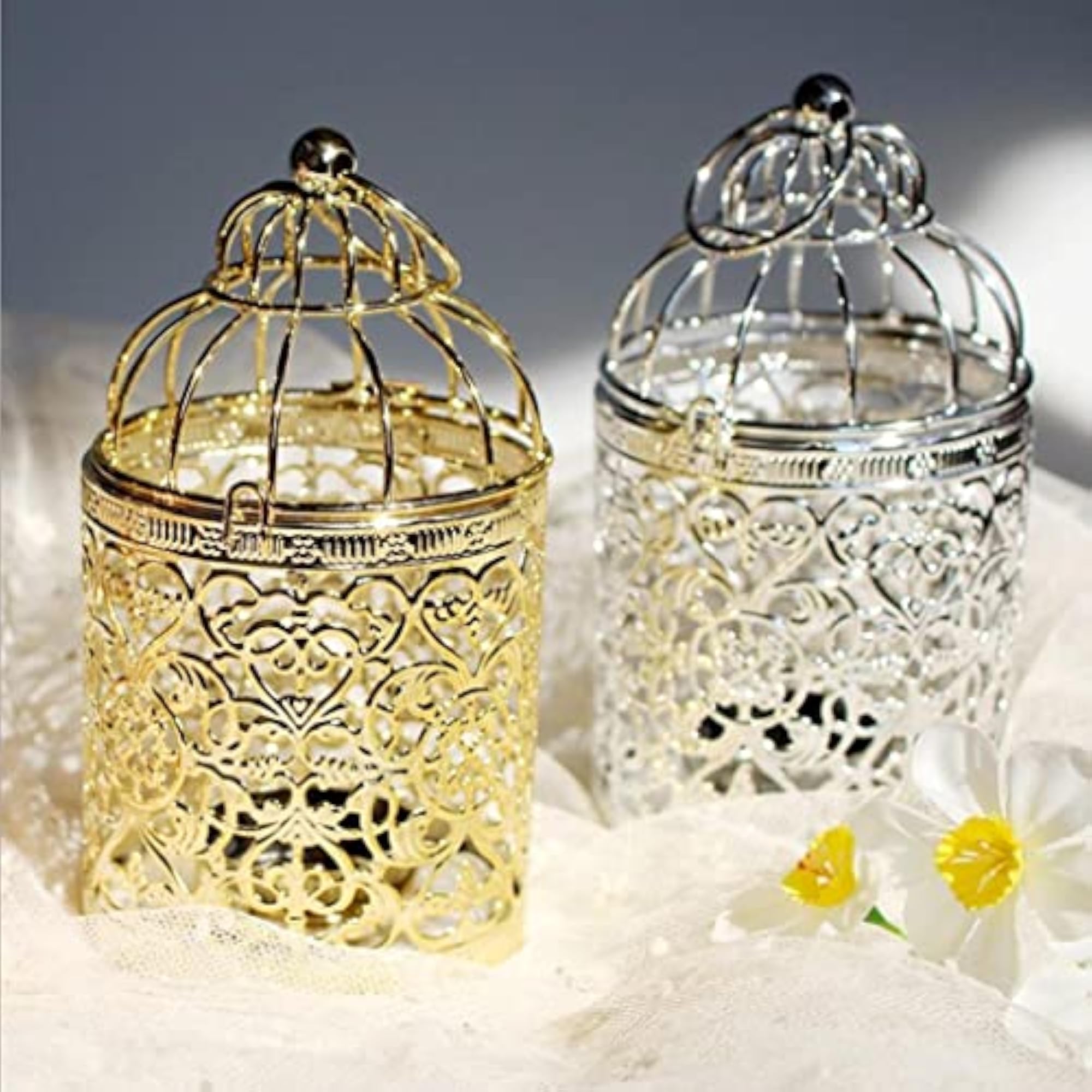 Electroplated Metal Birdcage Shape Tea Light Candle Holder B-Gold
