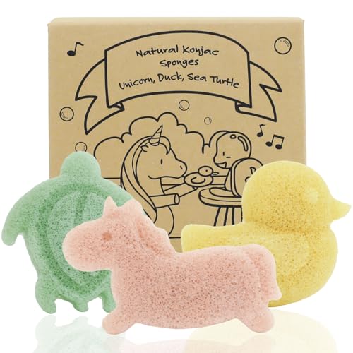 Image of myHomeBody Konjac Sponge, Bath loofah, 3pc, Unicorn, Duck, Sea Turtle | Natural Safe Plant-Based, Cute Shapes Bath Sponge for bathing, Shower Sponge for bath, Body Loofah, Shower Loofah, Face Luffa