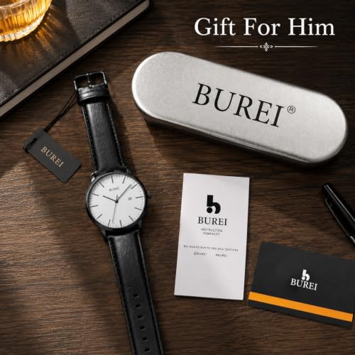 Image of BUREI Men's Fashion Minimalist Wrist Watch Analog Date with Leather Strap